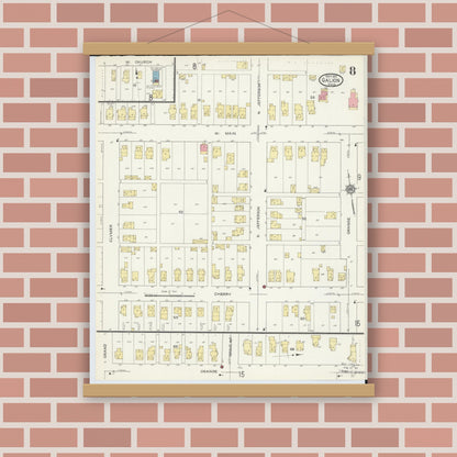 Old map wall art mockup — magnetic wood frame on brick wall — Sanborn Fire Insurance Map from Galion, Crawford County, Ohio (1913), Sheet #0008