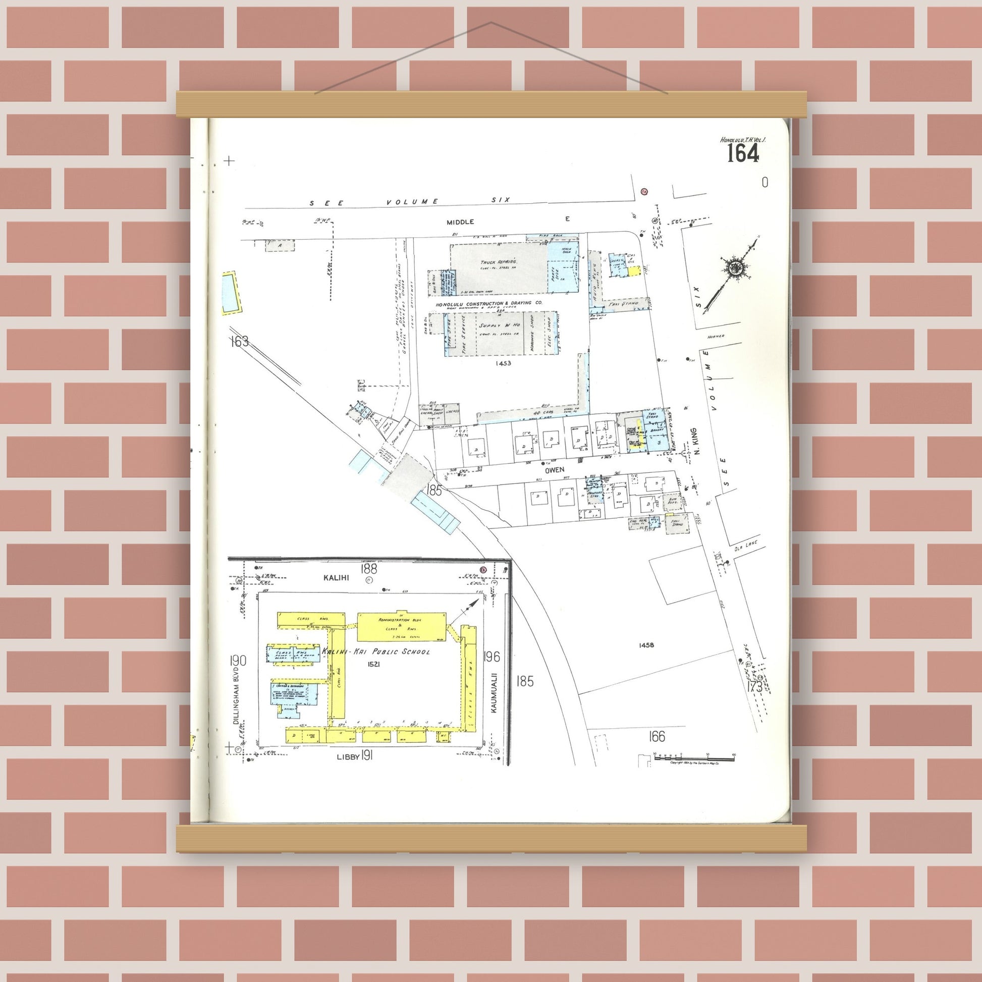 Old map wall art mockup — magnetic wood frame on brick wall — Sanborn Fire Insurance Map from Honolulu, Oahu County, Hawaii (1955), Sheet #0164