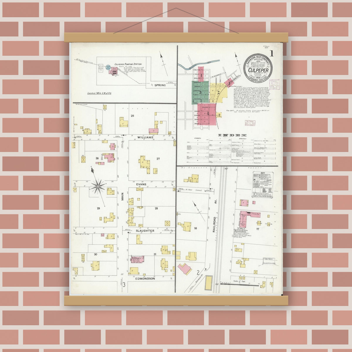 Old map wall art mockup — magnetic wood frame on brick wall — Sanborn Fire Insurance Map from Culpeper, Culpeper County, Virginia (1908) - Complete Map Set