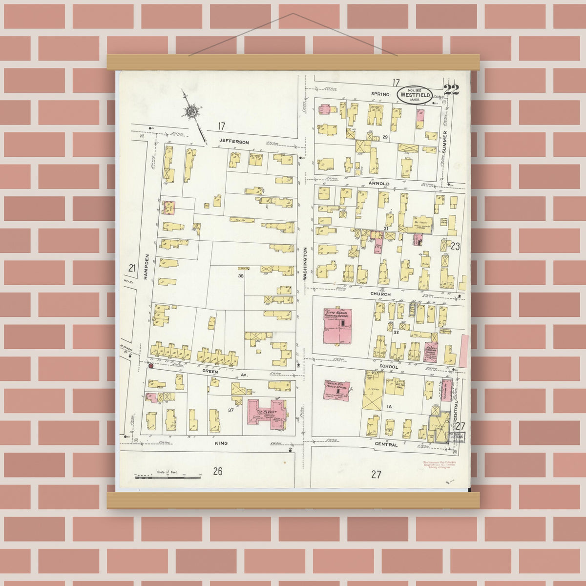 Old map wall art mockup — magnetic wood frame on brick wall — Sanborn Fire Insurance Map from Westfield, Hampden County, Massachusetts (1910), Sheet #0022