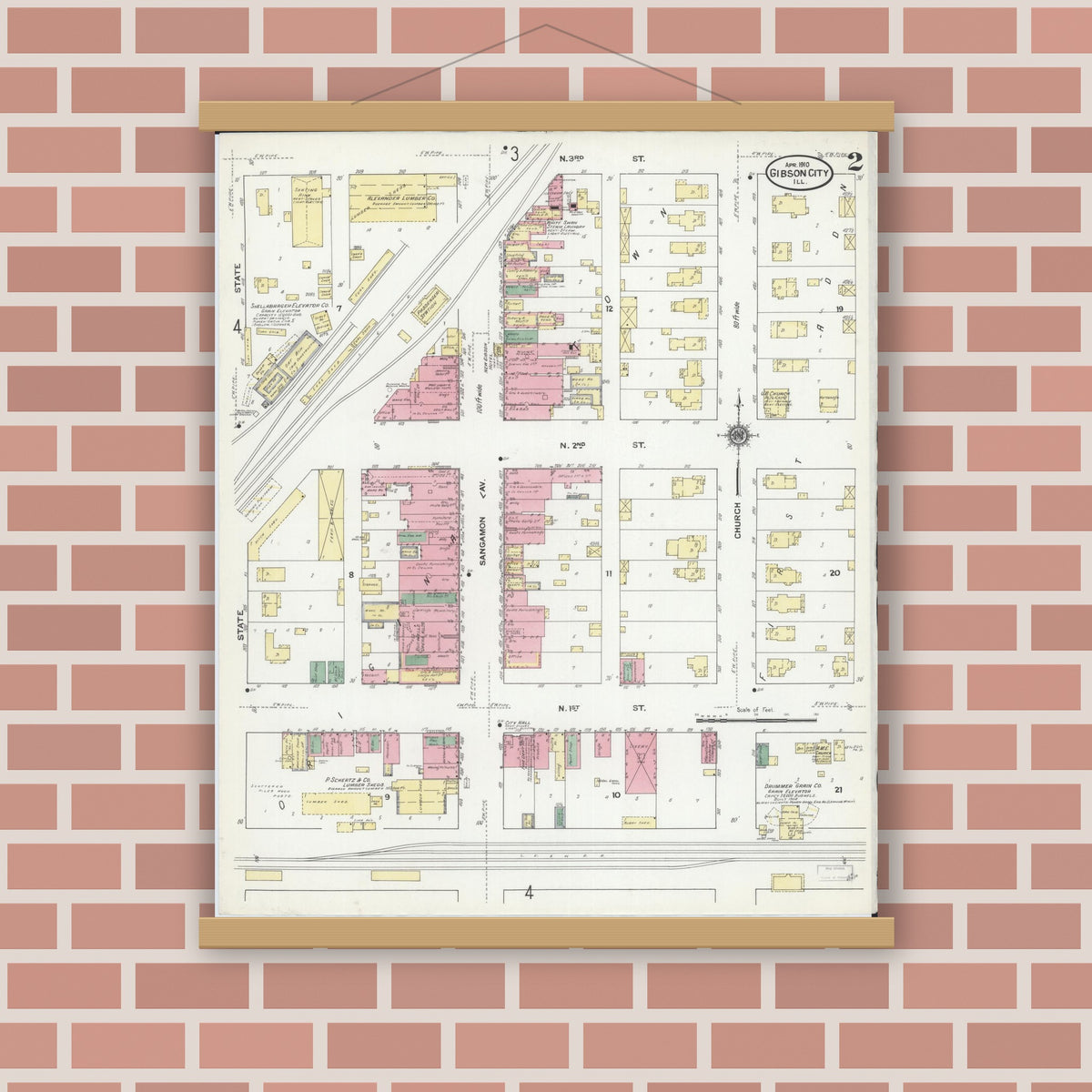 Old map wall art mockup — magnetic wood frame on brick wall — Sanborn Fire Insurance Map from Gibson City, Ford County, Illinois (1910), Sheet #0002