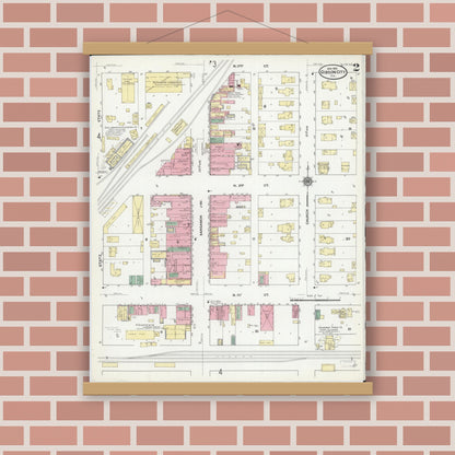 Old map wall art mockup — magnetic wood frame on brick wall — Sanborn Fire Insurance Map from Gibson City, Ford County, Illinois (1910), Sheet #0002