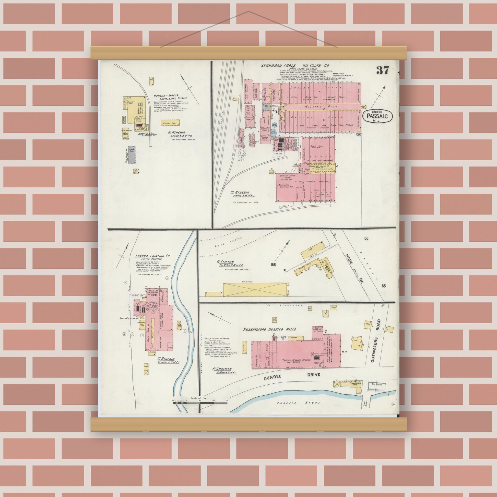 Old map wall art mockup — magnetic wood frame on brick wall — Sanborn Fire Insurance Map from Passaic, Passaic County, New Jersey (1903), Sheet #0037
