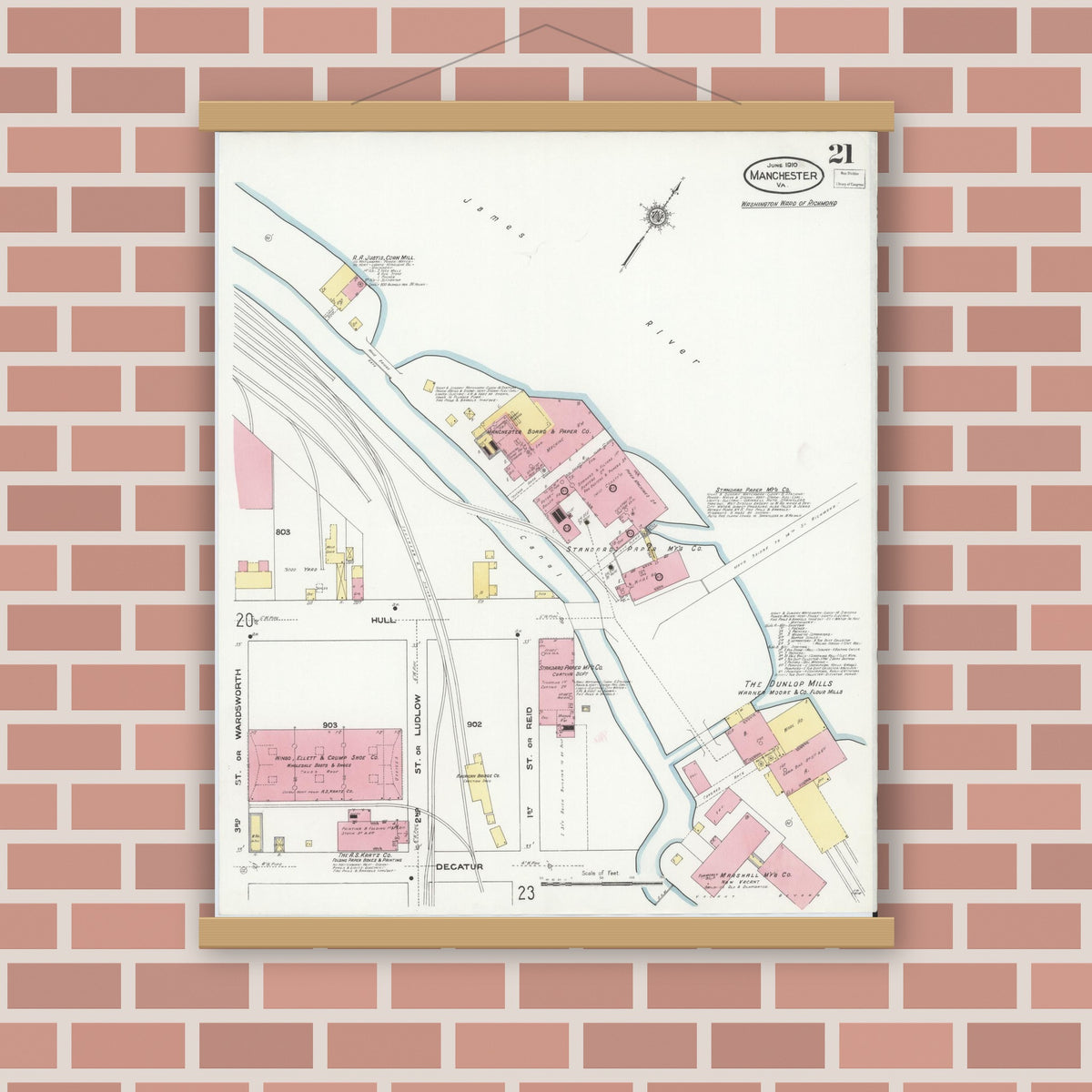 Old map wall art mockup — magnetic wood frame on brick wall — Sanborn Fire Insurance Map from Manchester, Chesterfield County, Virginia (1910), Sheet #0021
