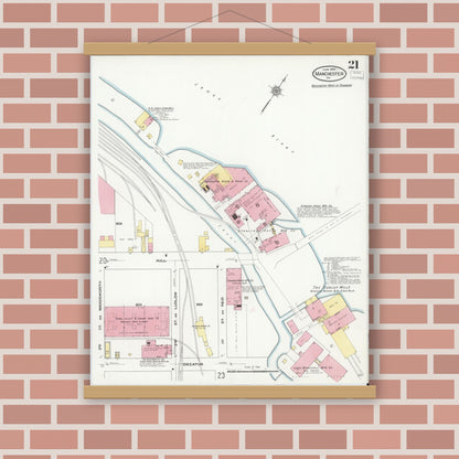 Old map wall art mockup — magnetic wood frame on brick wall — Sanborn Fire Insurance Map from Manchester, Chesterfield County, Virginia (1910), Sheet #0021