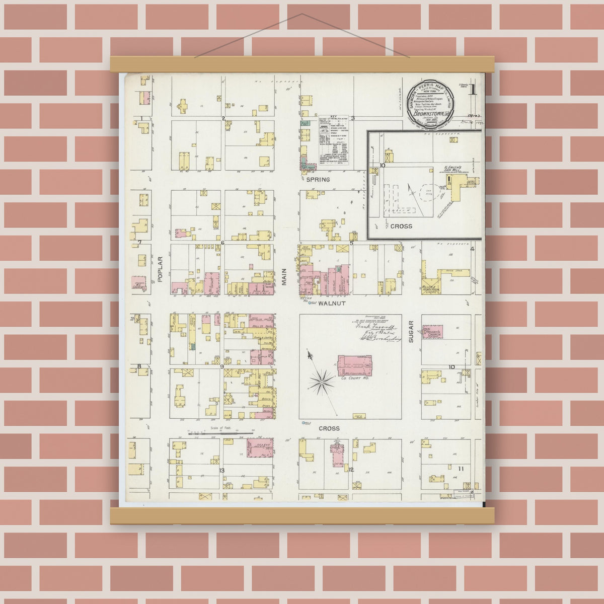 Old map wall art mockup — magnetic wood frame on brick wall — Sanborn Fire Insurance Map from Brownstown, Jackson County, Indiana (1892), Sheet #0001