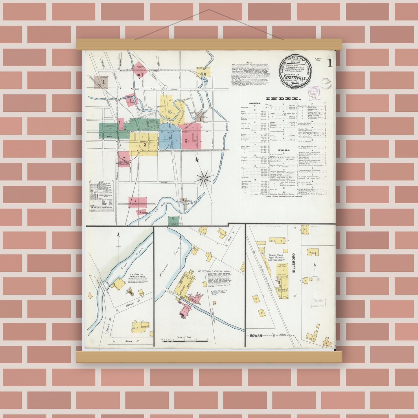 Old map wall art mockup — magnetic wood frame on brick wall — Sanborn Fire Insurance Map from Fayetteville, Cumberland County, North Carolina (1901) - Complete Map Set