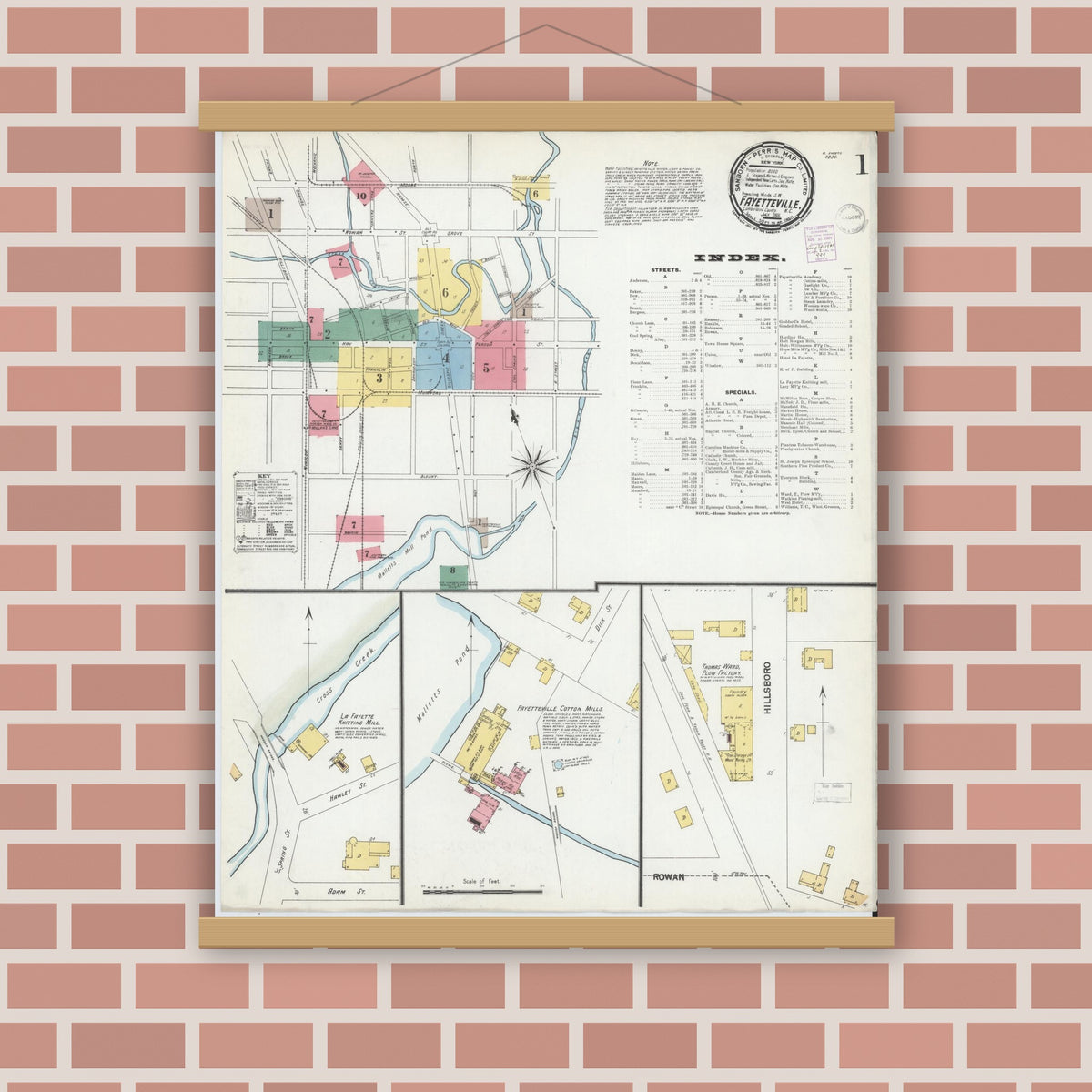 Old map wall art mockup — magnetic wood frame on brick wall — Sanborn Fire Insurance Map from Fayetteville, Cumberland County, North Carolina (1901) - Complete Map Set