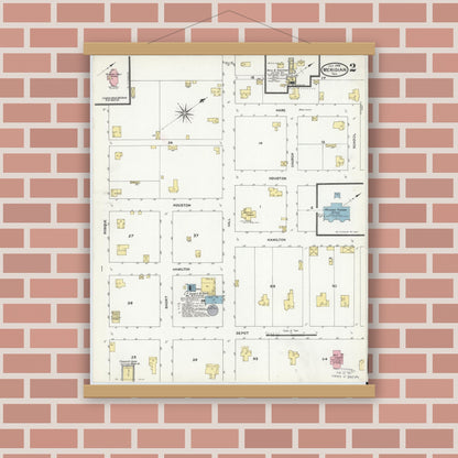 Old map wall art mockup — magnetic wood frame on brick wall — Sanborn Fire Insurance Map from Meridian, Bosque County, Texas (1909), Sheet #0002