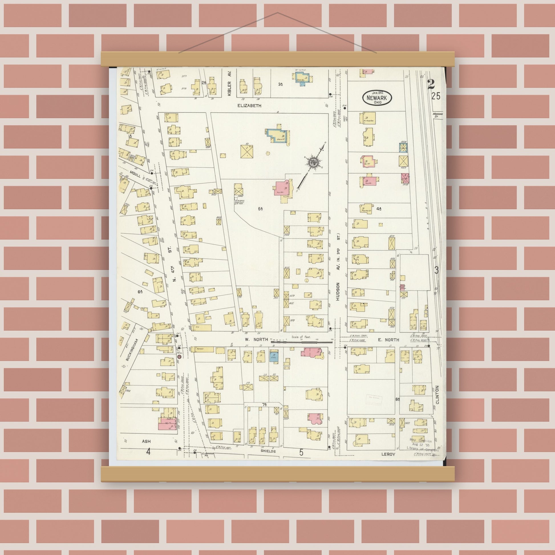 Old map wall art mockup — magnetic wood frame on brick wall — Sanborn Fire Insurance Map from Newark, Licking County, Ohio (1912), Sheet #0002