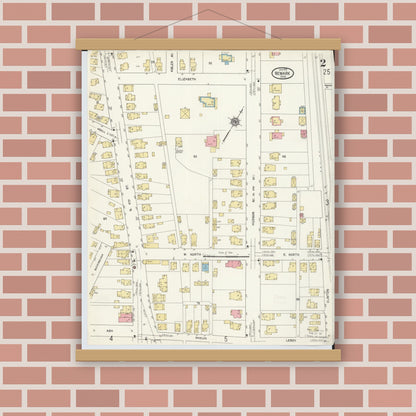 Old map wall art mockup — magnetic wood frame on brick wall — Sanborn Fire Insurance Map from Newark, Licking County, Ohio (1912), Sheet #0002
