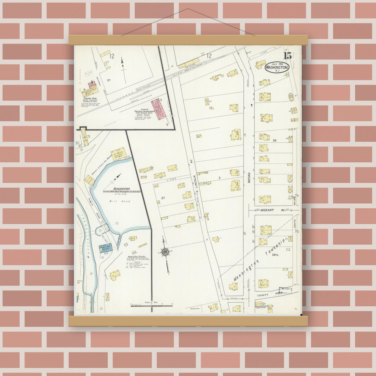 Old map wall art mockup — magnetic wood frame on brick wall — Sanborn Fire Insurance Map from Washington, Warren County, New Jersey (1914), Sheet #0015