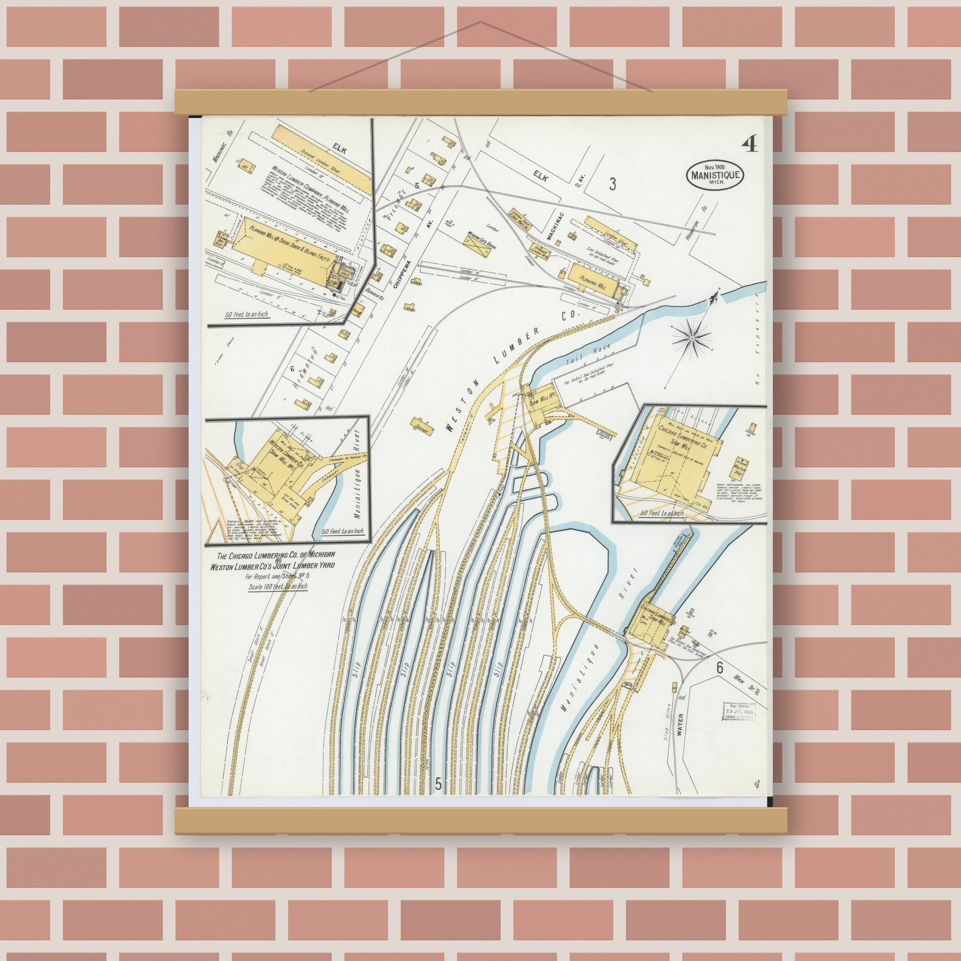 Old map wall art mockup — magnetic wood frame on brick wall — Sanborn Fire Insurance Map from Manistique, Schoolcraft County, Michigan (1900), Sheet #0004