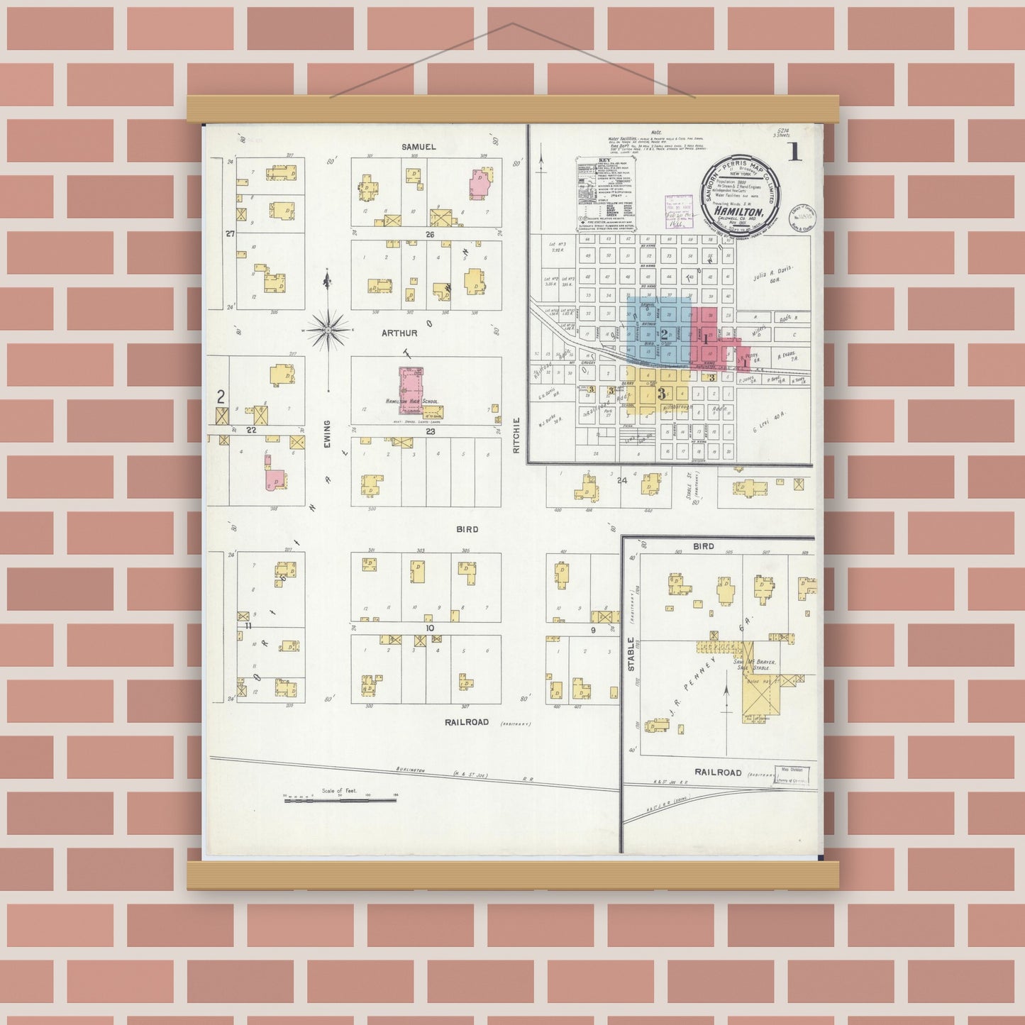 Old map wall art mockup — magnetic wood frame on brick wall — Sanborn Fire Insurance Map from Hamilton, Caldwell County, Missouri (1901) - Complete Map Set