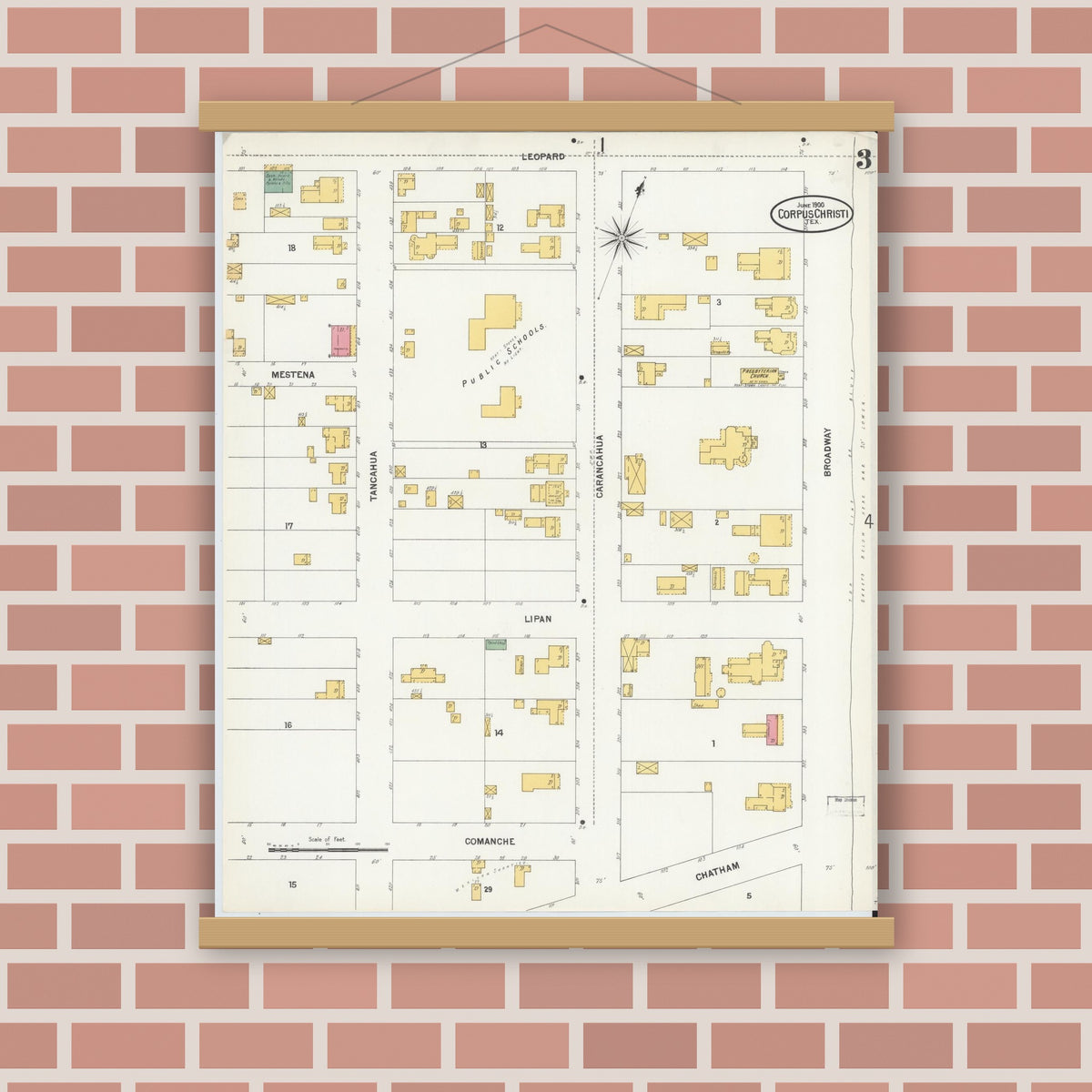Old map wall art mockup — magnetic wood frame on brick wall — Sanborn Fire Insurance Map from Corpus Christi, Nueces County, Texas (1900), Sheet #0003
