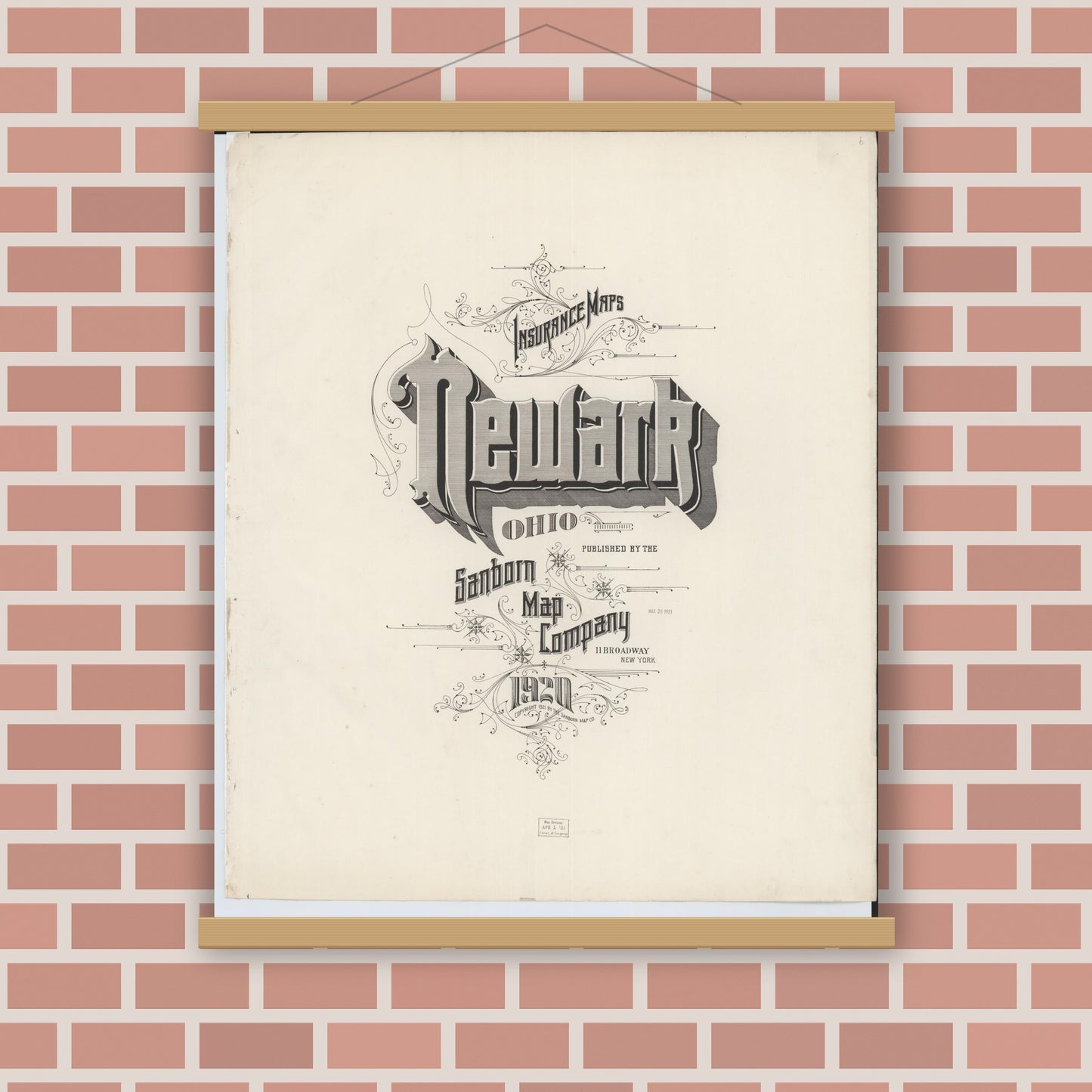 Old map wall art mockup — magnetic wood frame on brick wall — Sanborn Fire Insurance Map from Newark, Licking County, Ohio (1920), Sheet #0001