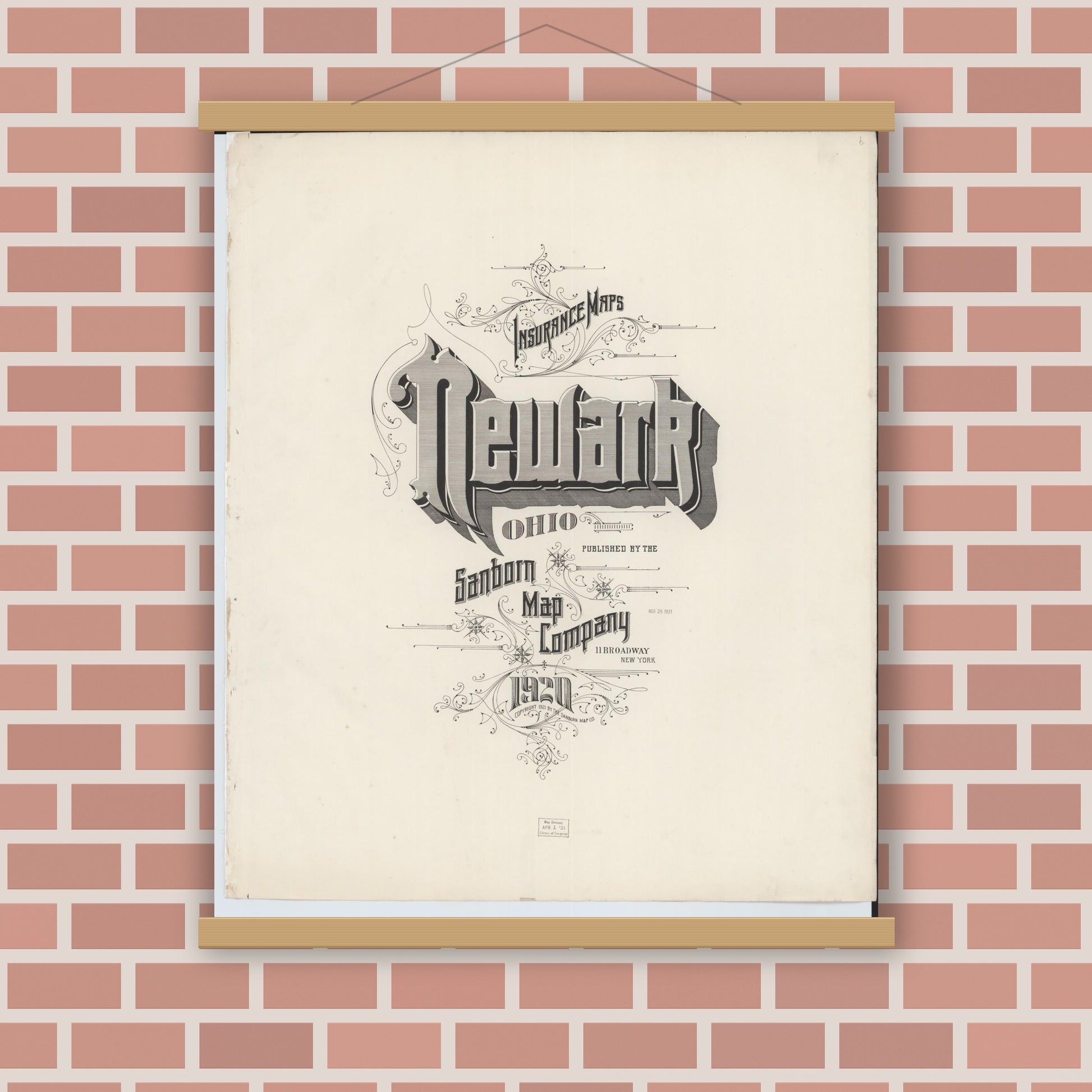 Old map wall art mockup — magnetic wood frame on brick wall — Sanborn Fire Insurance Map from Newark, Licking County, Ohio (1920), Sheet #0001