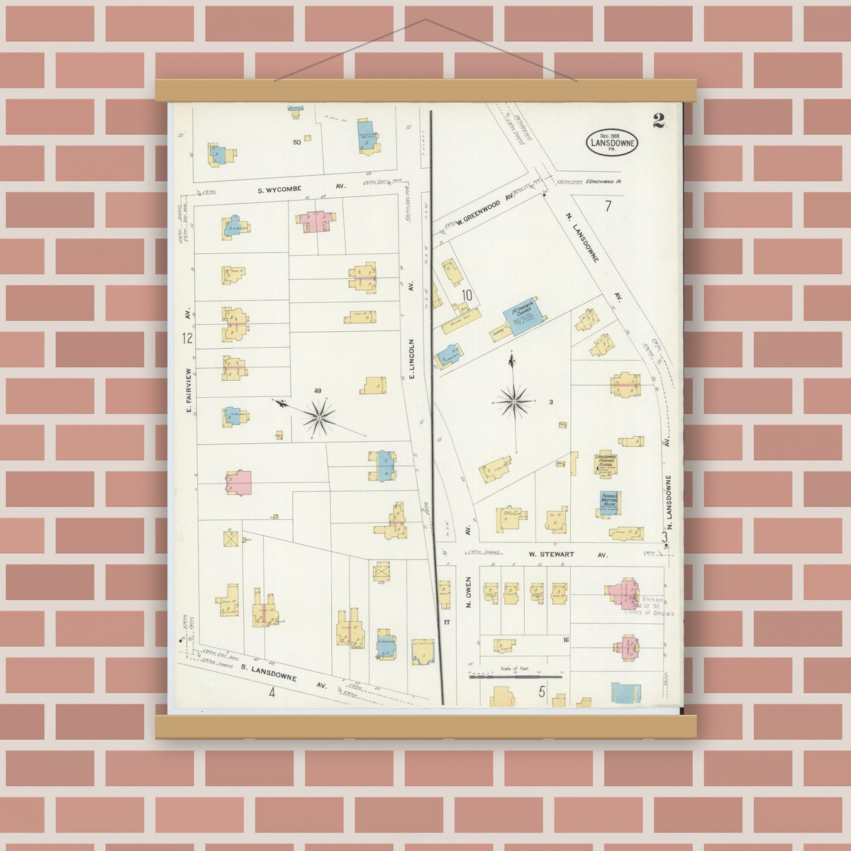 Old map wall art mockup — magnetic wood frame on brick wall — Sanborn Fire Insurance Map from Lansdowne, Delaware County, Pennsylvania (1908), Sheet #0002