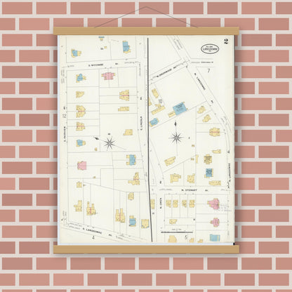 Old map wall art mockup — magnetic wood frame on brick wall — Sanborn Fire Insurance Map from Lansdowne, Delaware County, Pennsylvania (1908), Sheet #0002