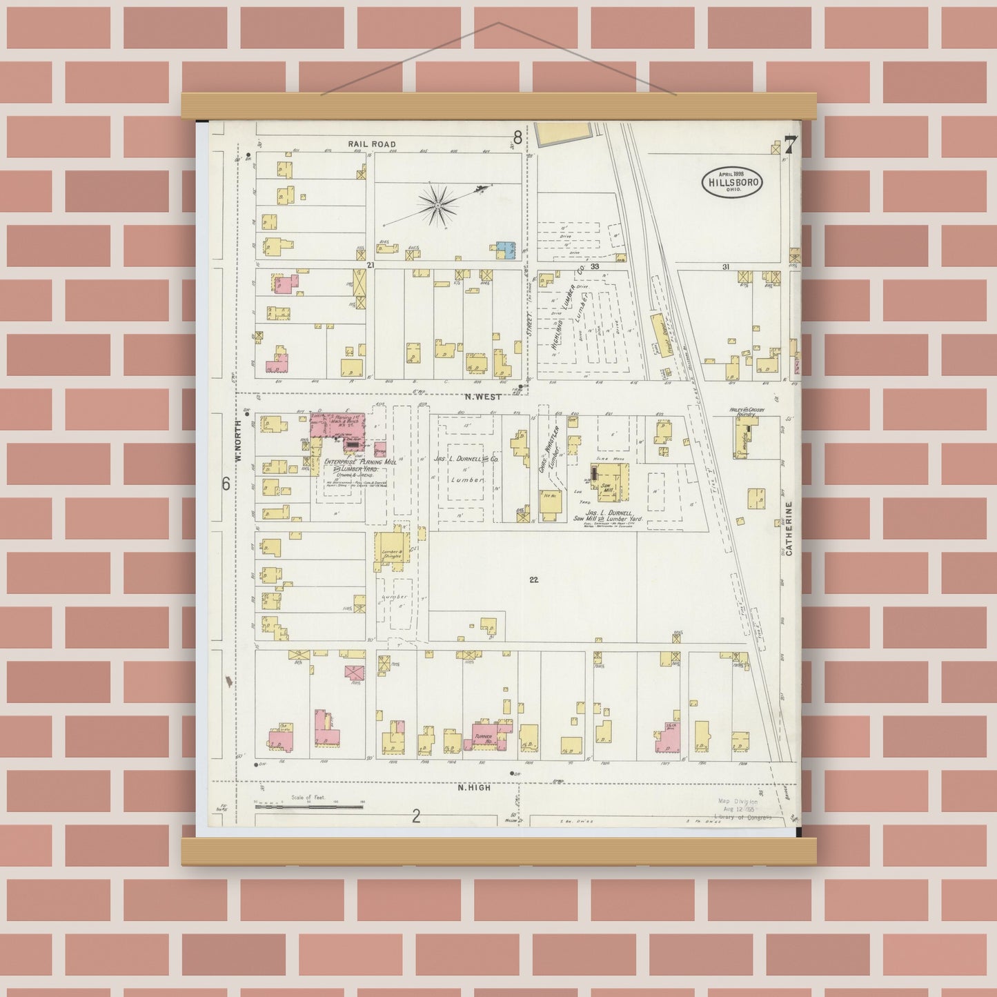 Old map wall art mockup — magnetic wood frame on brick wall — Sanborn Fire Insurance Map from Hillsboro, Highland County, Ohio (1898), Sheet #0007