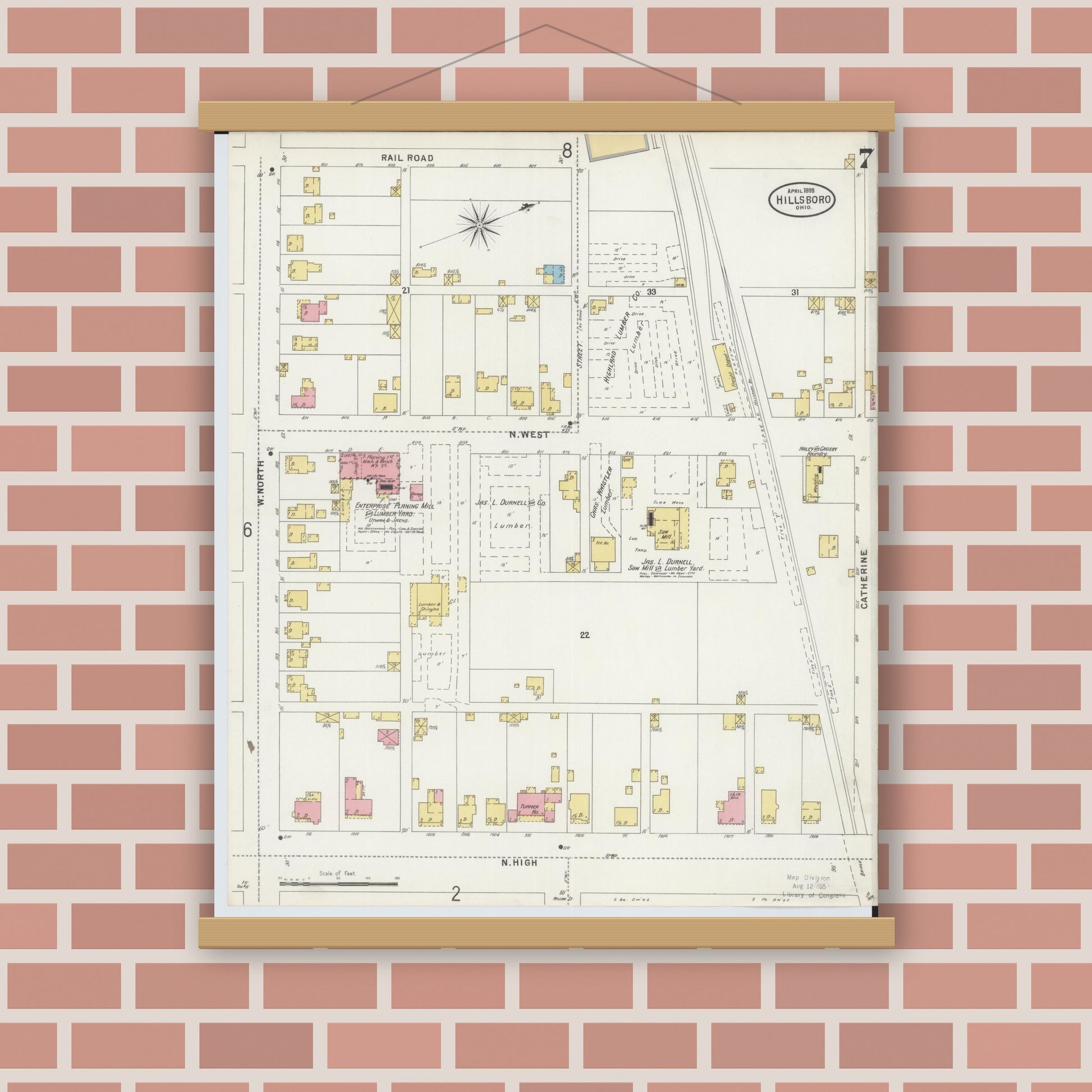 Old map wall art mockup — magnetic wood frame on brick wall — Sanborn Fire Insurance Map from Hillsboro, Highland County, Ohio (1898), Sheet #0007