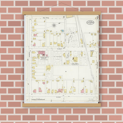 Old map wall art mockup — magnetic wood frame on brick wall — Sanborn Fire Insurance Map from Hillsboro, Highland County, Ohio (1898), Sheet #0007