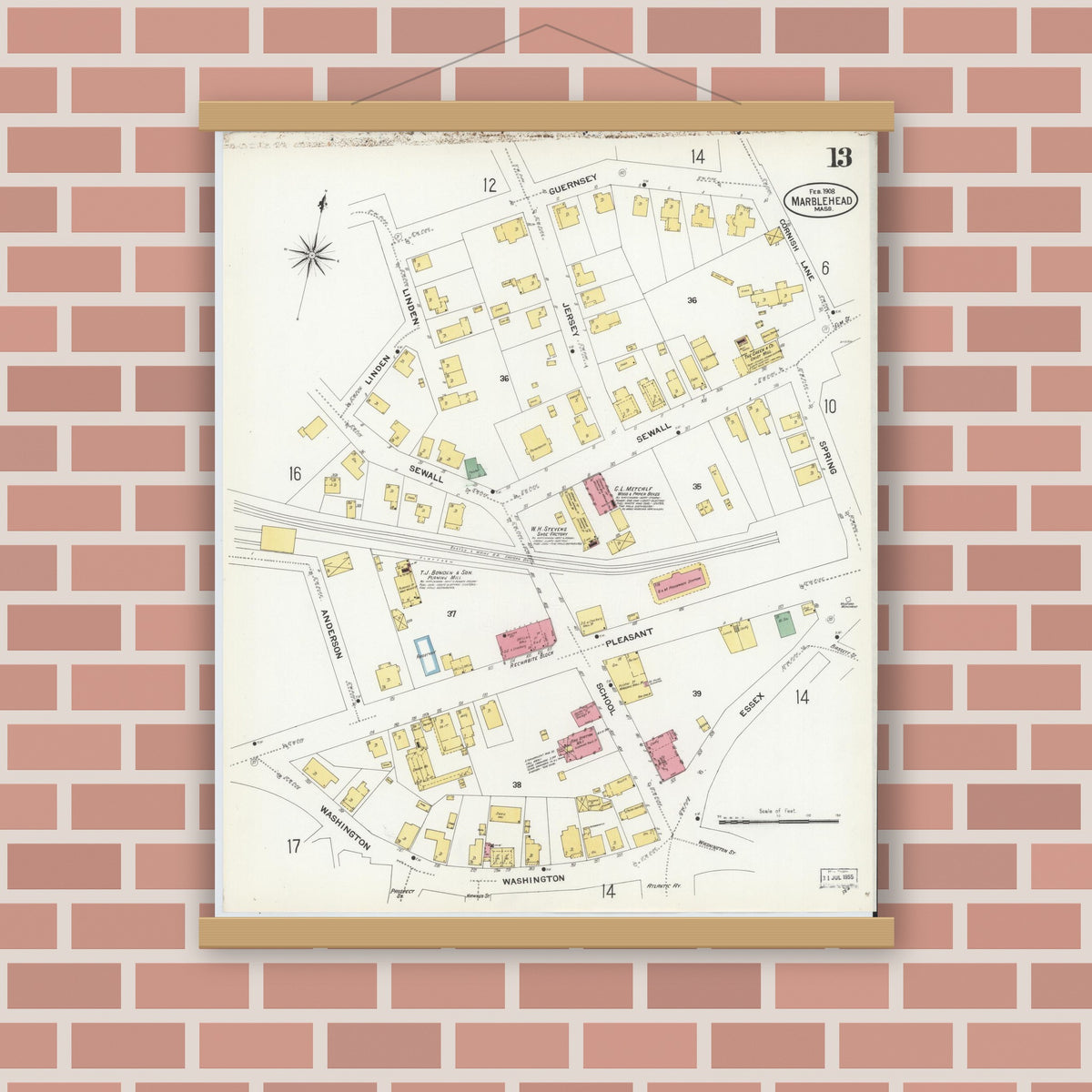 Old map wall art mockup — magnetic wood frame on brick wall — Sanborn Fire Insurance Map from Marblehead, Essex County, Massachusetts (1908), Sheet #0013