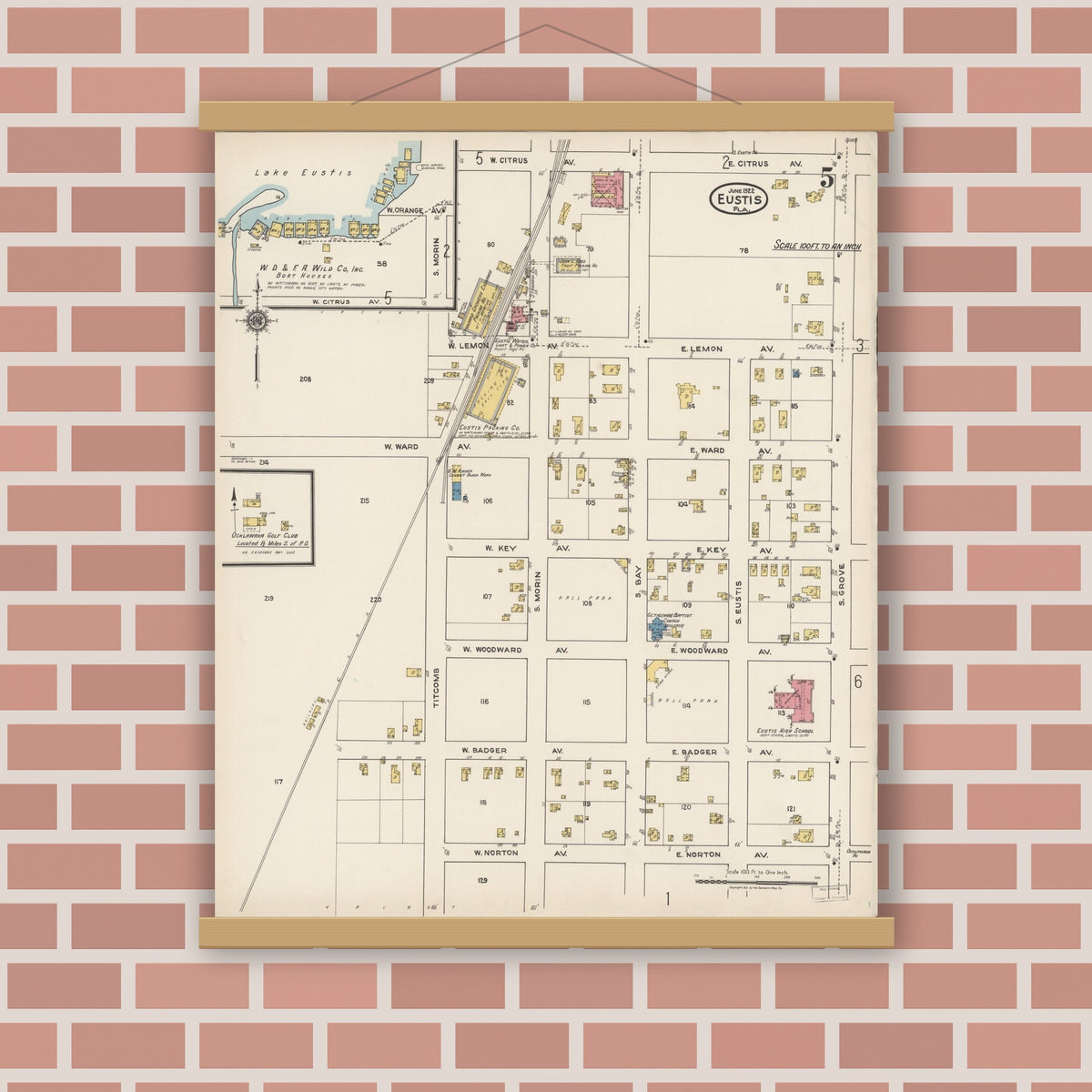 Old map wall art mockup — magnetic wood frame on brick wall — Sanborn Fire Insurance Map from Eustis, Lake County, Florida (1922), Sheet #0005