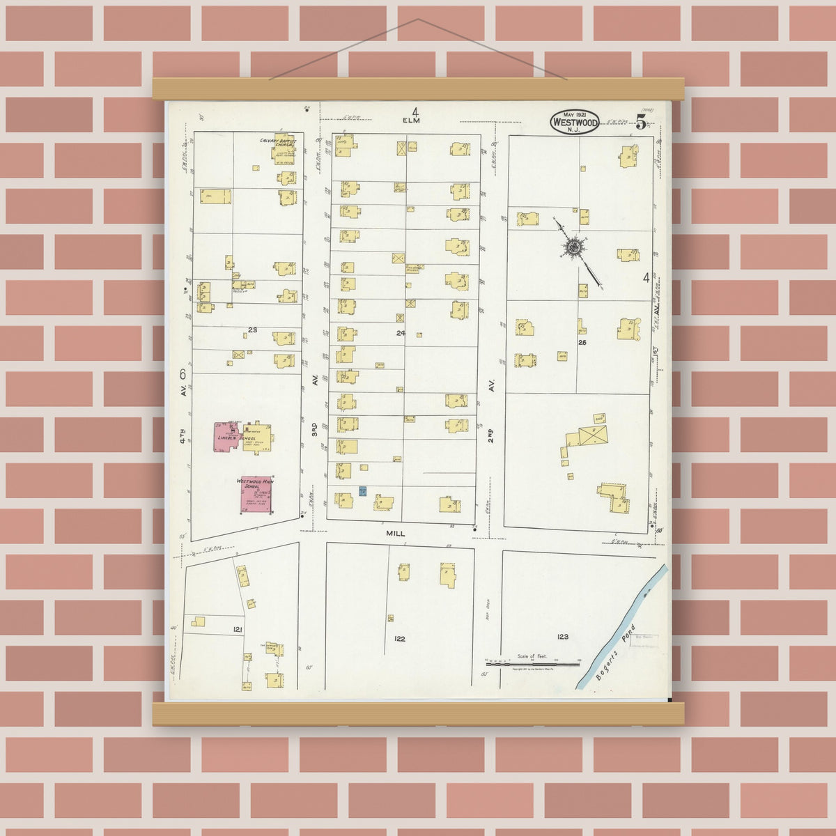 Old map wall art mockup — magnetic wood frame on brick wall — Sanborn Fire Insurance Map from Westwood, Bergen County, New Jersey (1921), Sheet #0005