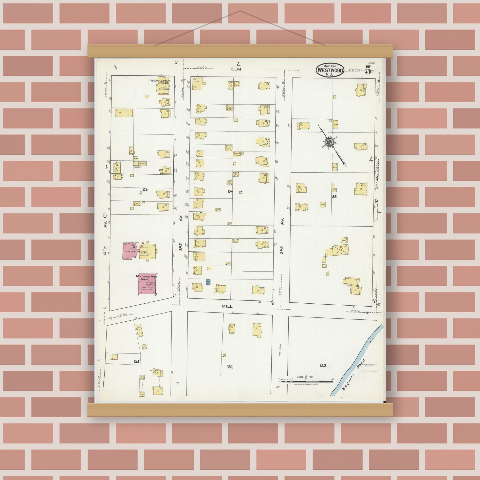 Old map wall art mockup — magnetic wood frame on brick wall — Sanborn Fire Insurance Map from Westwood, Bergen County, New Jersey (1921), Sheet #0005