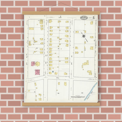 Old map wall art mockup — magnetic wood frame on brick wall — Sanborn Fire Insurance Map from Westwood, Bergen County, New Jersey (1921), Sheet #0005