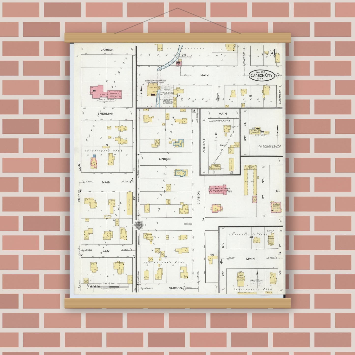 Old map wall art mockup — magnetic wood frame on brick wall — Sanborn Fire Insurance Map from Carson City, Montcalm County, Michigan (1918), Sheet #0004