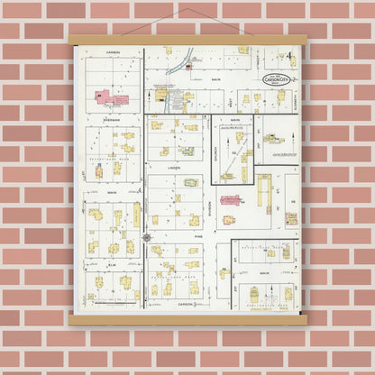 Old map wall art mockup — magnetic wood frame on brick wall — Sanborn Fire Insurance Map from Carson City, Montcalm County, Michigan (1918), Sheet #0004