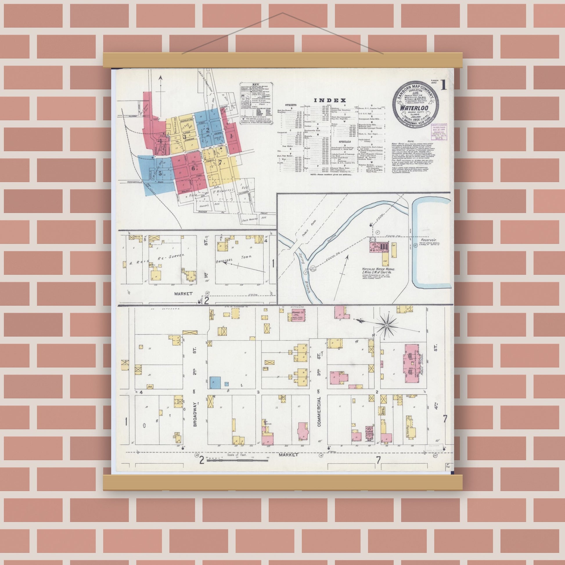 Old map wall art mockup — magnetic wood frame on brick wall — Sanborn Fire Insurance Map from Waterloo, Monroe County, Illinois (1906), Sheet #0001