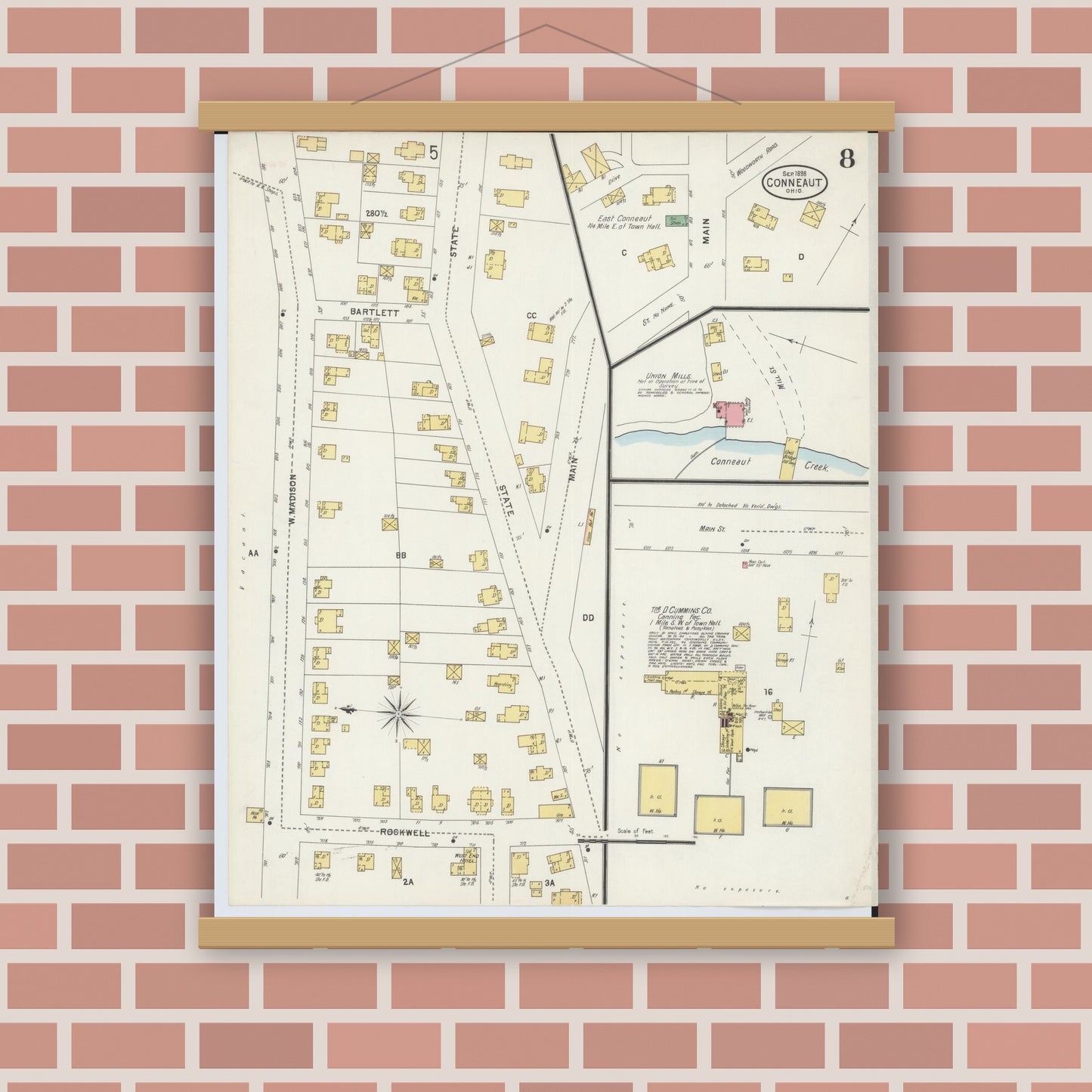 Old map wall art mockup — magnetic wood frame on brick wall — Sanborn Fire Insurance Map from Conneaut, Ashtabula County, Ohio (1898), Sheet #0008