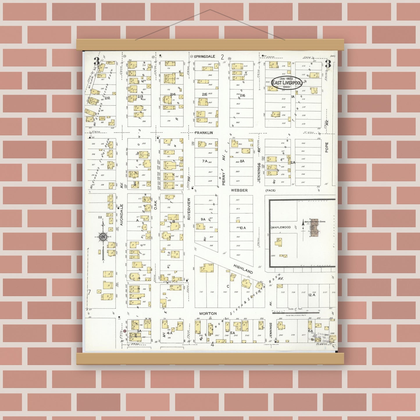 Old map wall art mockup — magnetic wood frame on brick wall — Sanborn Fire Insurance Map from East Liverpool, Columbiana County, Ohio (1923), Sheet #0003