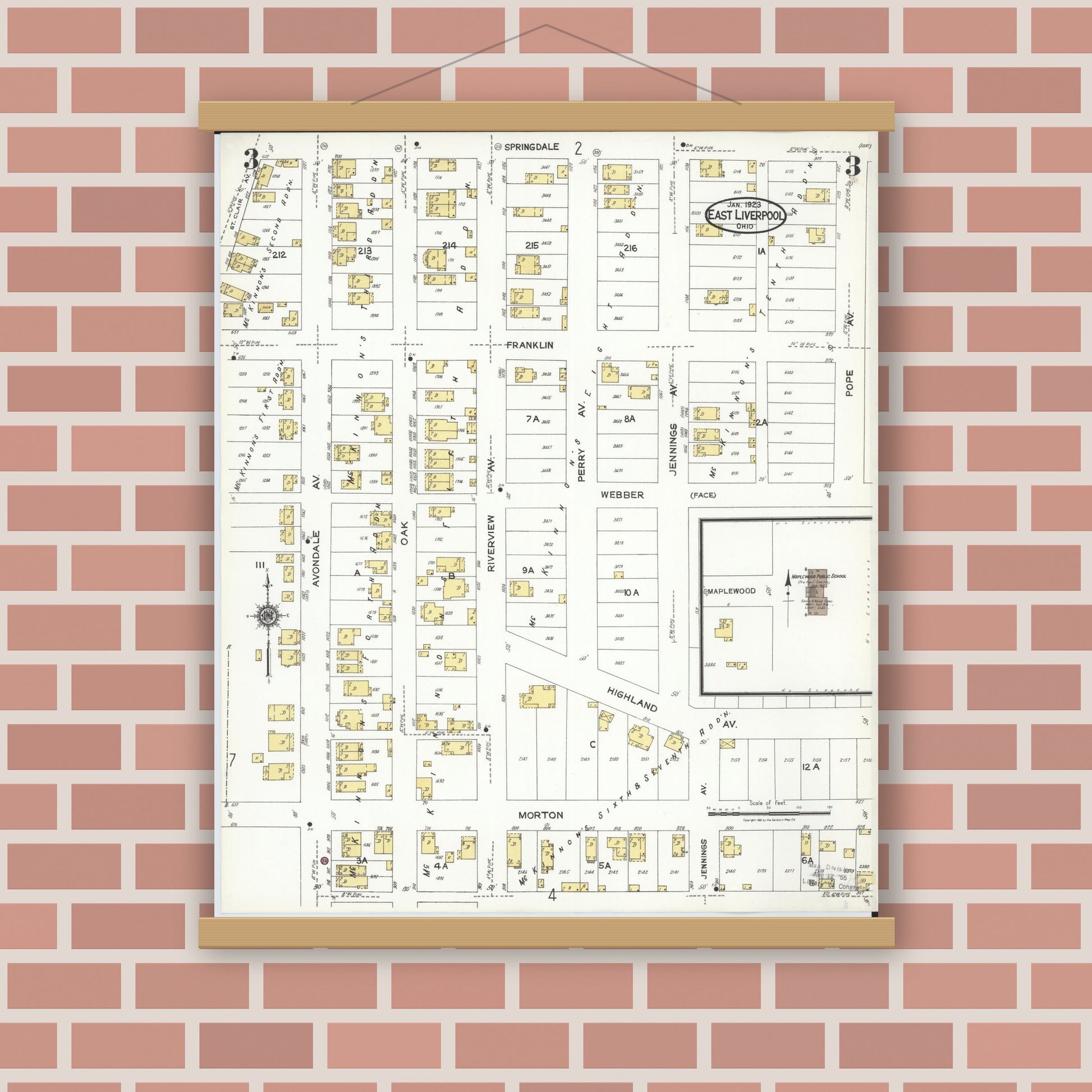 Old map wall art mockup — magnetic wood frame on brick wall — Sanborn Fire Insurance Map from East Liverpool, Columbiana County, Ohio (1923), Sheet #0003
