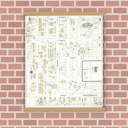 Old map wall art mockup — magnetic wood frame on brick wall — Sanborn Fire Insurance Map from East Liverpool, Columbiana County, Ohio (1923), Sheet #0003