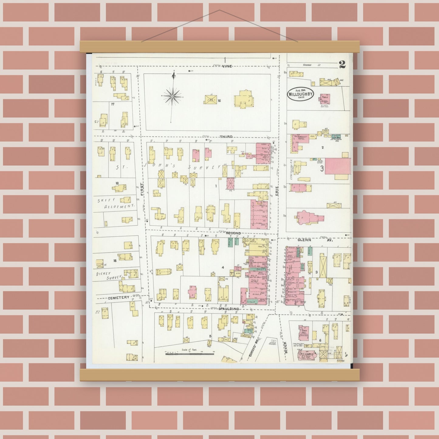 Old map wall art mockup — magnetic wood frame on brick wall — Sanborn Fire Insurance Map from Willoughby, Lake County, Ohio (1904), Sheet #0002