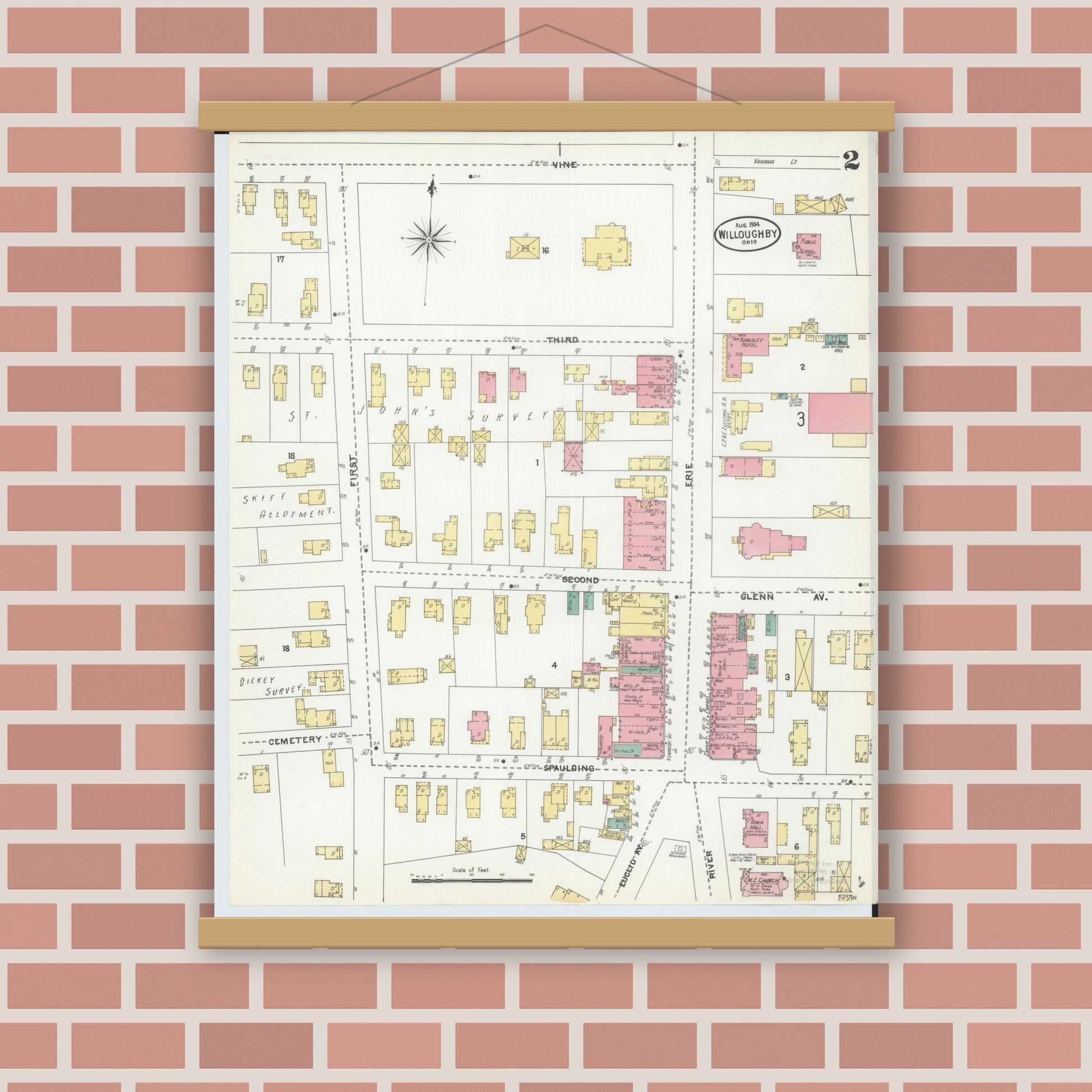 Old map wall art mockup — magnetic wood frame on brick wall — Sanborn Fire Insurance Map from Willoughby, Lake County, Ohio (1904), Sheet #0002