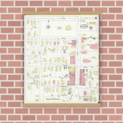 Old map wall art mockup — magnetic wood frame on brick wall — Sanborn Fire Insurance Map from Willoughby, Lake County, Ohio (1904), Sheet #0002
