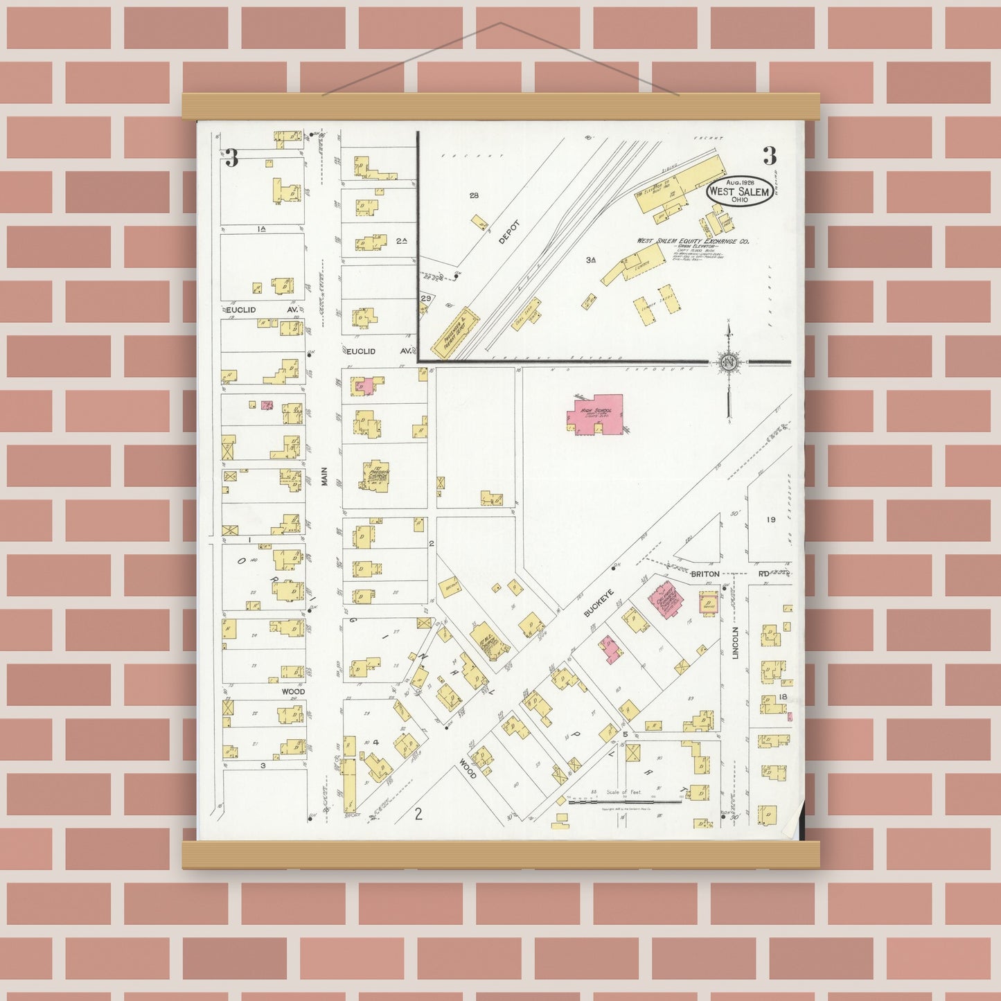 Old map wall art mockup — magnetic wood frame on brick wall — Sanborn Fire Insurance Map from West Salem, Wayne County, Ohio (1926), Sheet #0003