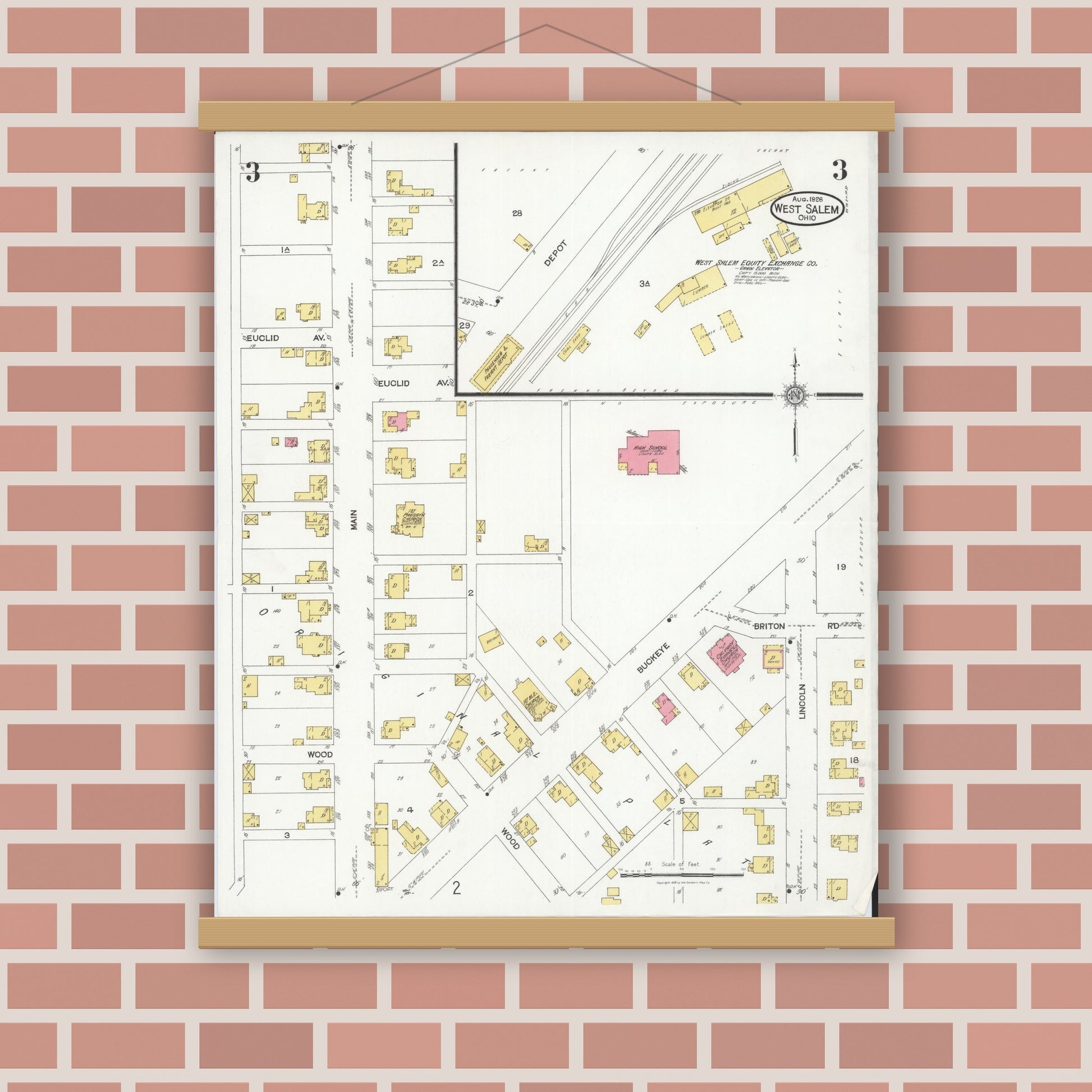 Old map wall art mockup — magnetic wood frame on brick wall — Sanborn Fire Insurance Map from West Salem, Wayne County, Ohio (1926), Sheet #0003