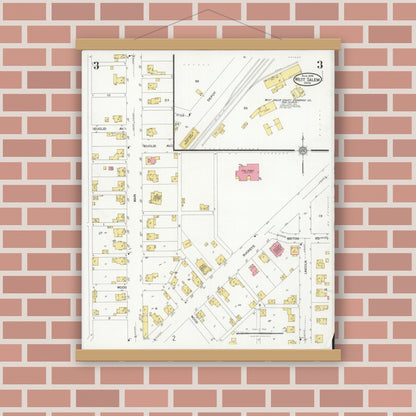 Old map wall art mockup — magnetic wood frame on brick wall — Sanborn Fire Insurance Map from West Salem, Wayne County, Ohio (1926), Sheet #0003