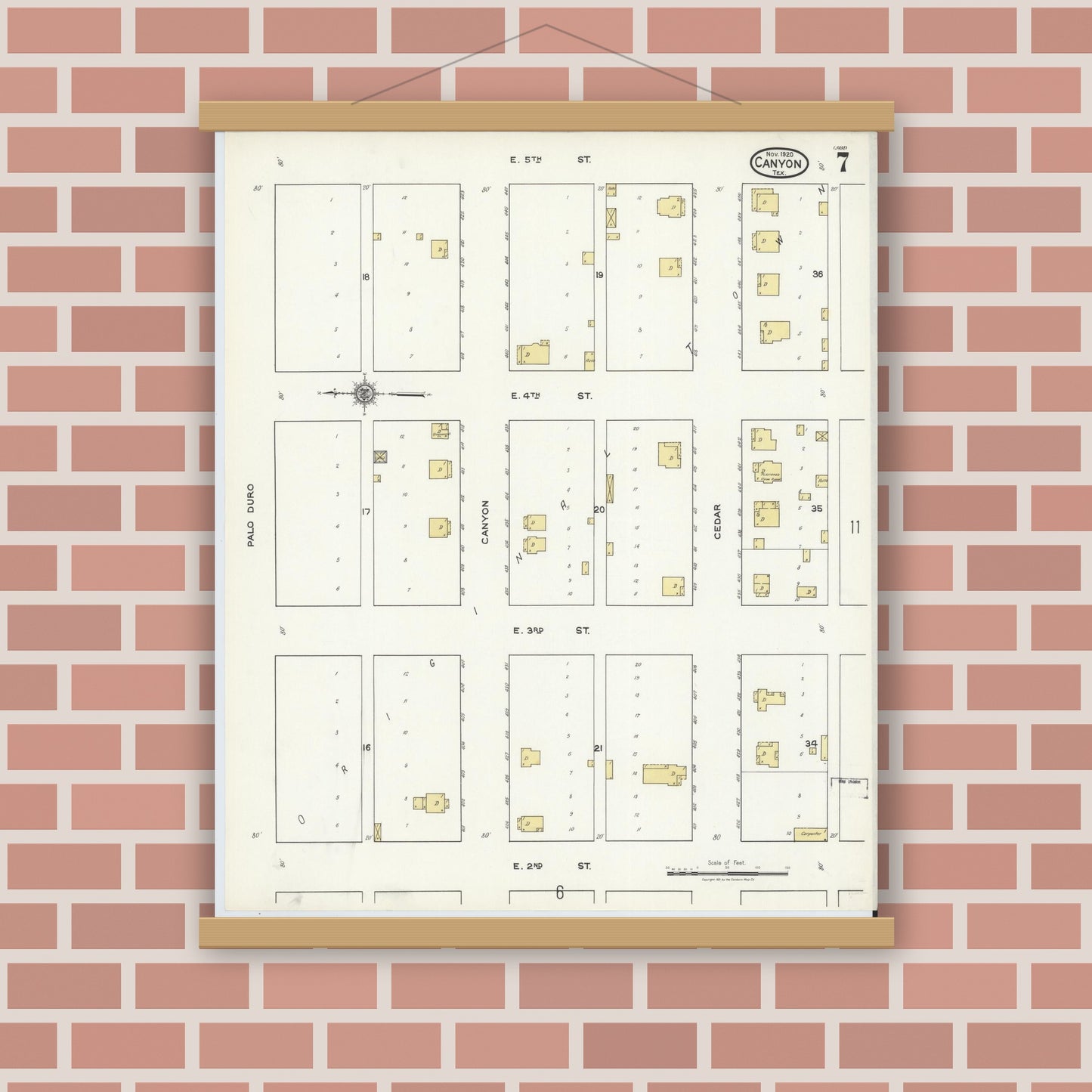 Old map wall art mockup — magnetic wood frame on brick wall — Sanborn Fire Insurance Map from Canyon, Randall County, Texas (1920), Sheet #0007