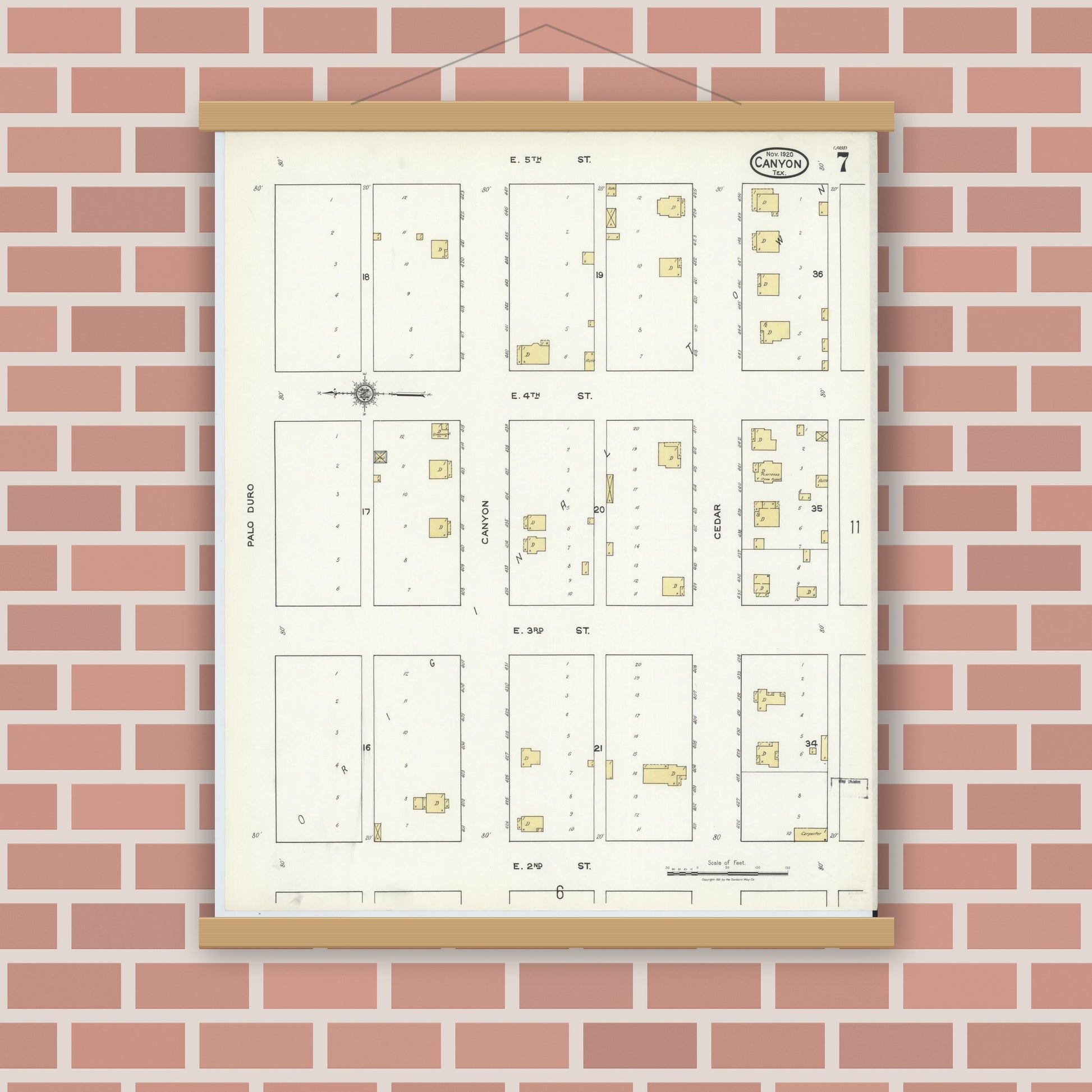 Old map wall art mockup — magnetic wood frame on brick wall — Sanborn Fire Insurance Map from Canyon, Randall County, Texas (1920), Sheet #0007