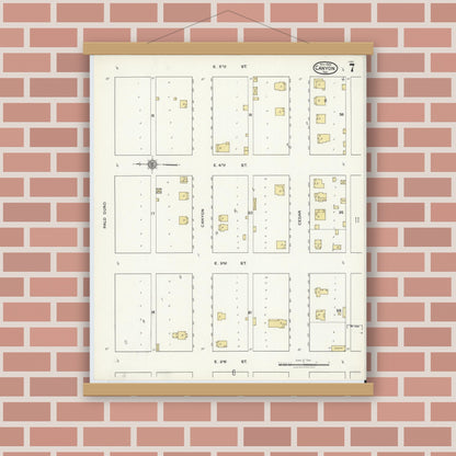 Old map wall art mockup — magnetic wood frame on brick wall — Sanborn Fire Insurance Map from Canyon, Randall County, Texas (1920), Sheet #0007