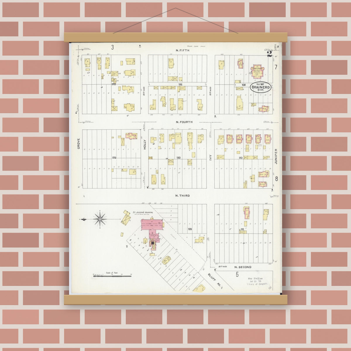 Old map wall art mockup — magnetic wood frame on brick wall — Sanborn Fire Insurance Map from Brainerd, Crow Wing County, Minnesota (1907), Sheet #0002
