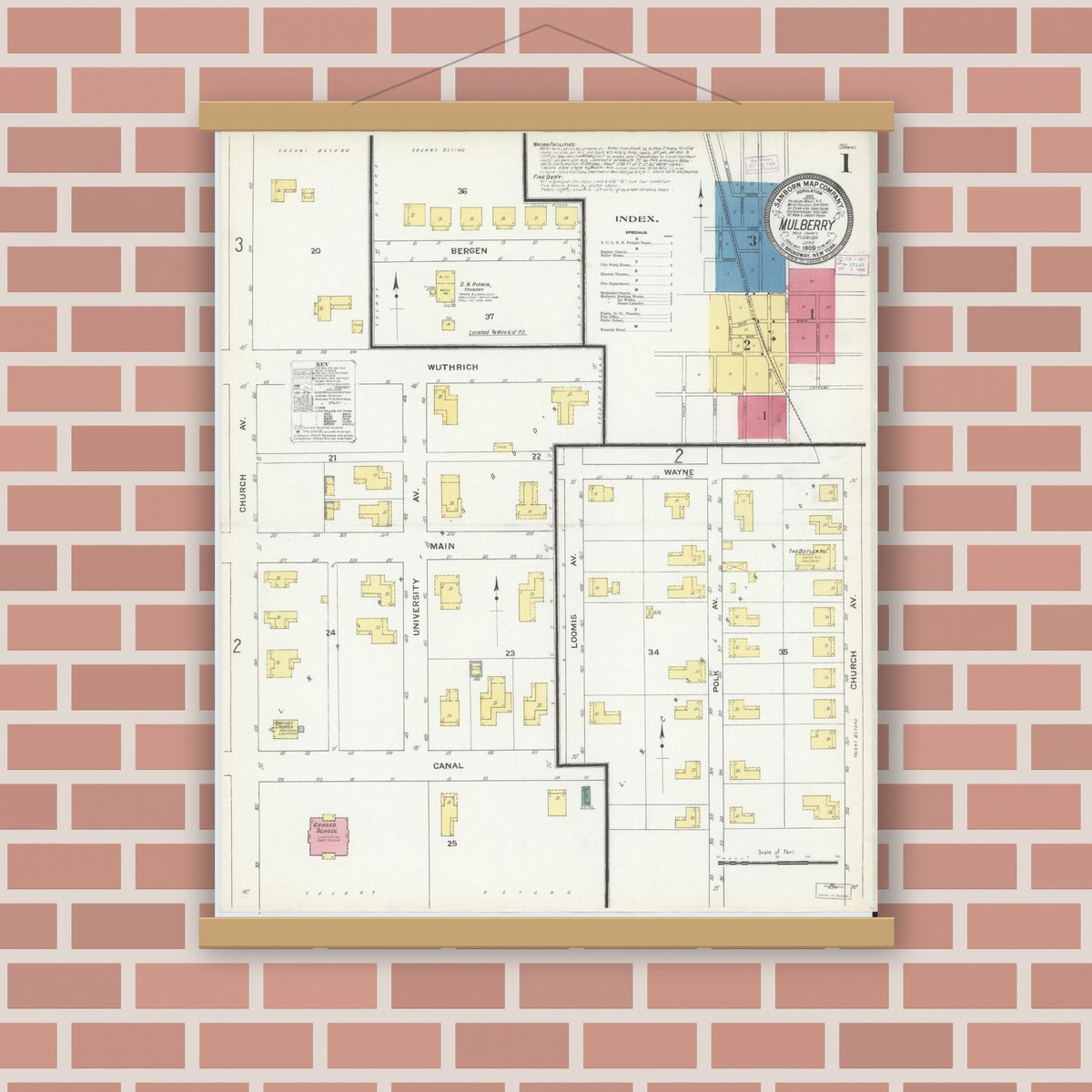 Old map wall art mockup — magnetic wood frame on brick wall — Sanborn Fire Insurance Map from Mulberry, Polk County, Florida (1909) - Complete Map Set