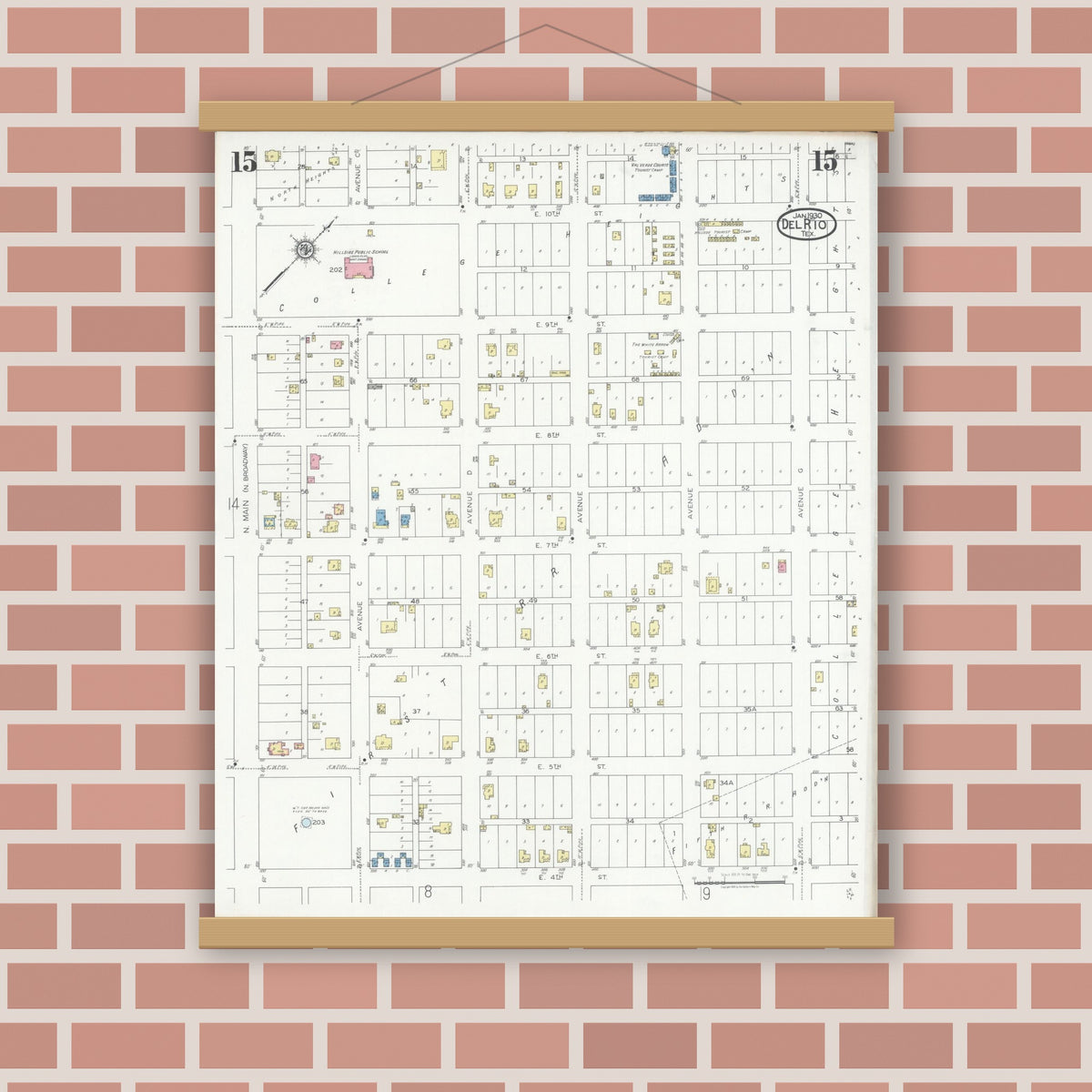 Old map wall art mockup — magnetic wood frame on brick wall — Sanborn Fire Insurance Map from Del Rio, Val Verde County, Texas (1930), Sheet #0015